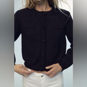NWOT Zara Plain Knit Shoulder Pad Cardigan Jacket in Black size L